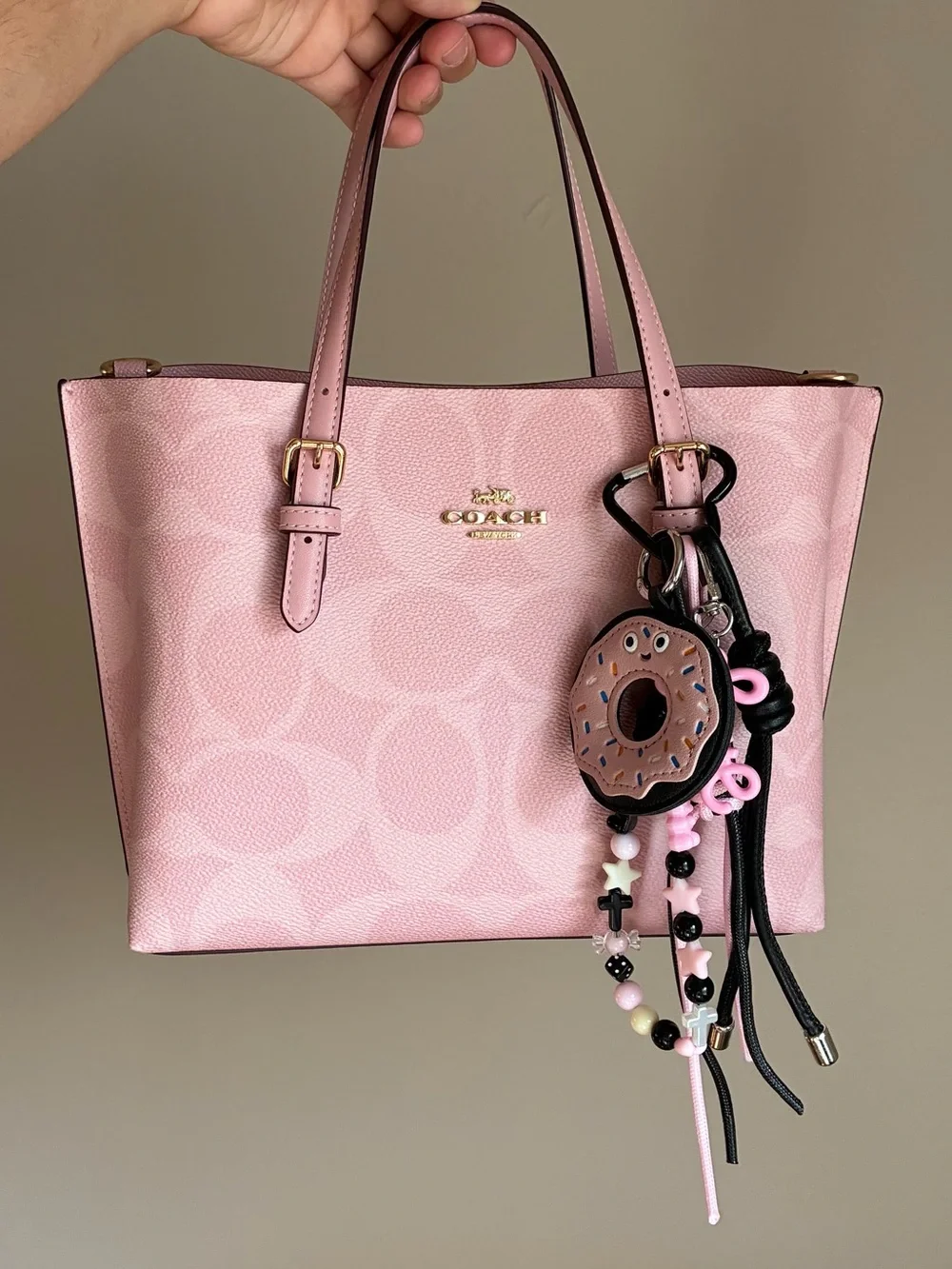 Chocolate Donut Pink & Black Charm Keychain with Bead Tassel
